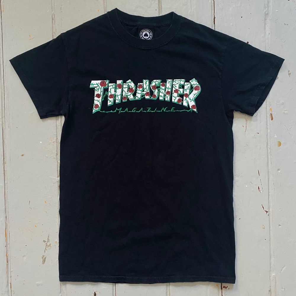 thrasher black rose thorn logo graphic tee
